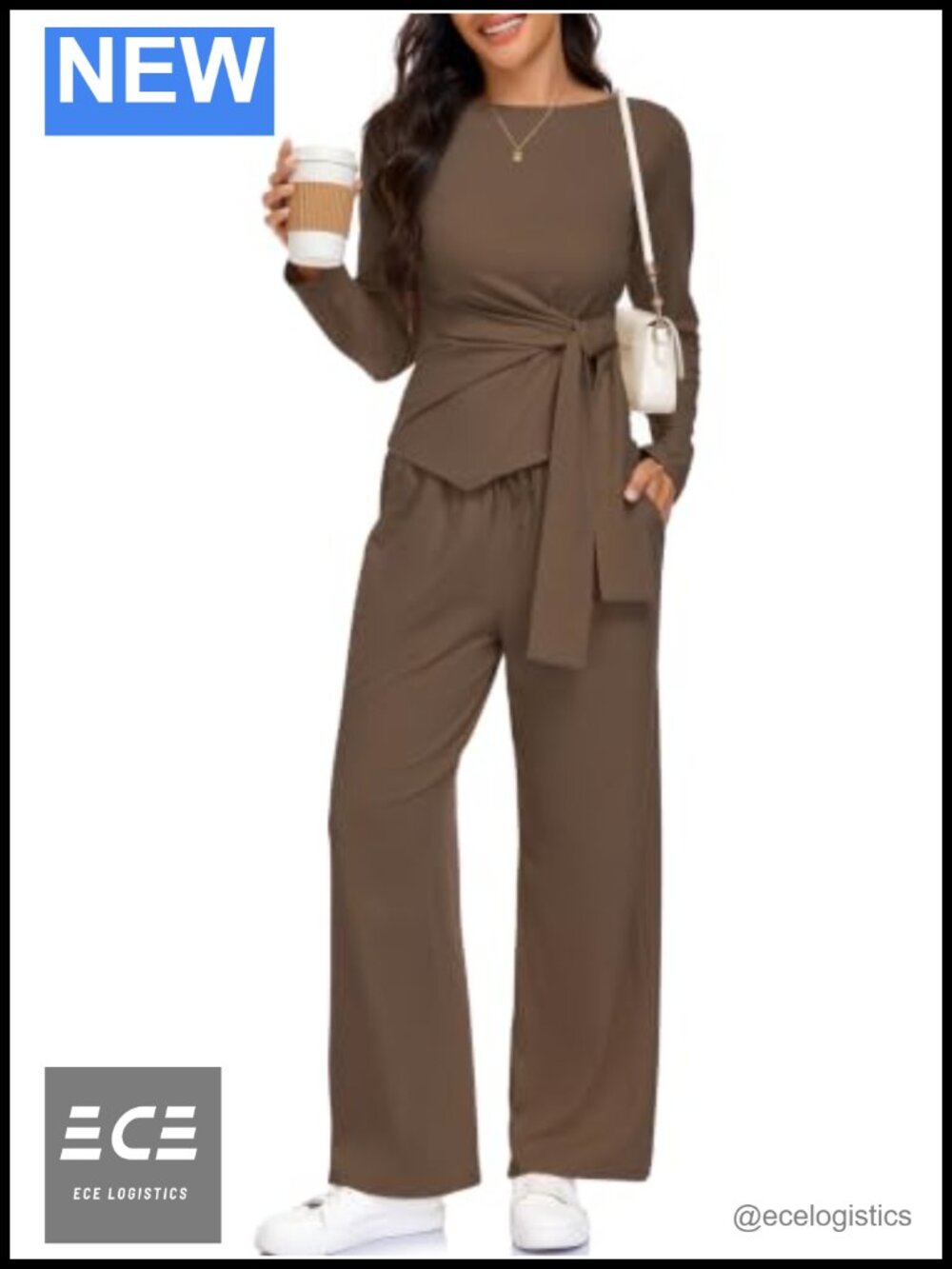 2 Piece Lounge Set Long Sleeve Tie Waist Top Wide Leg Pants Casual Tracksuit